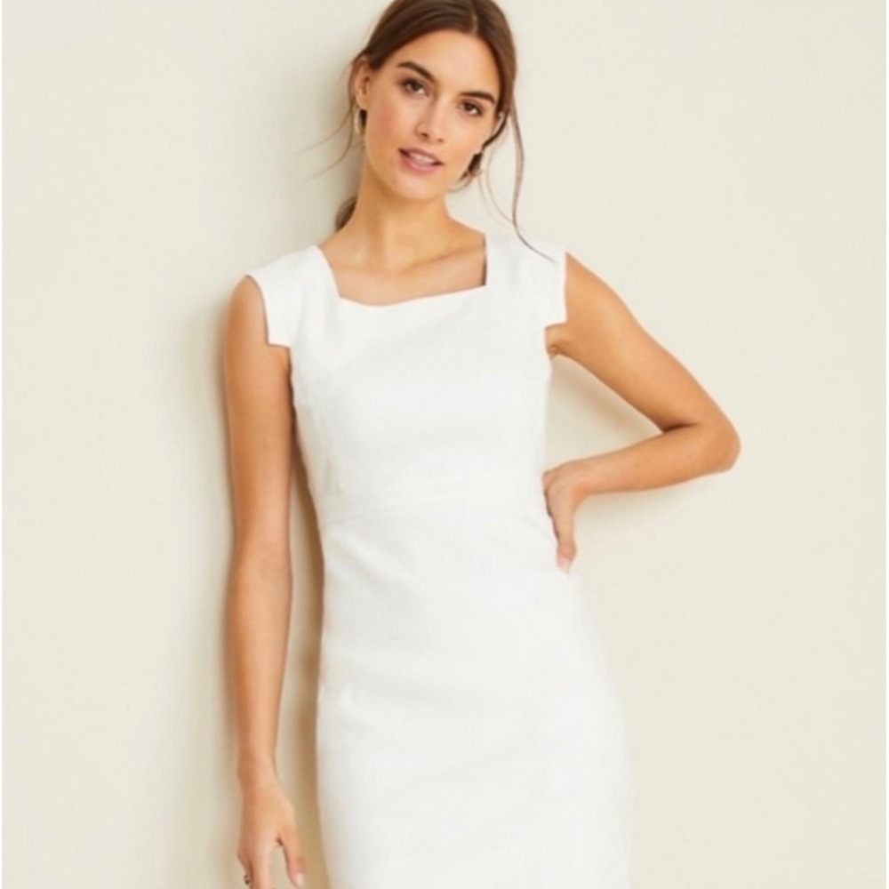 Ann Taylor Womens White Square Neck Cap Sleeve Sheath Dress Professional Formal - Picture 1 of 3